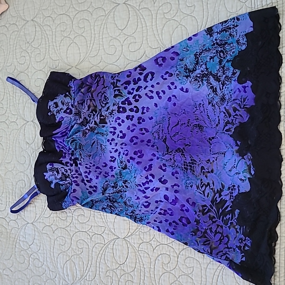 Blue/violet, lace-trim, animal/floral print, mesh teddy. Susan Lucci. XS-S